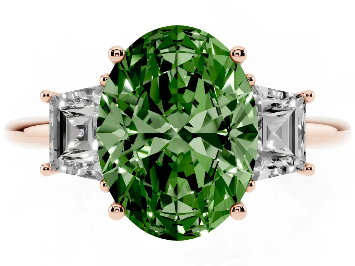 Fancy Green Oval Cut Diamond Three-Stone Ring with Trapezoid Side Stones and Prong Setting Rose gold