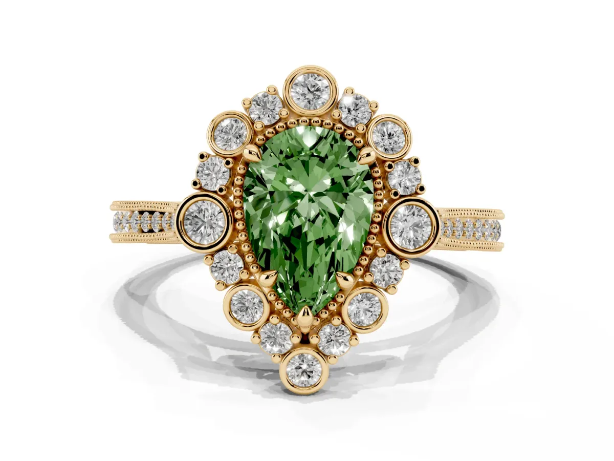 Fancy Green Pear Cut Halo Milgrain Pave Diamond Ring with Four-Prong Setting Yellow gold