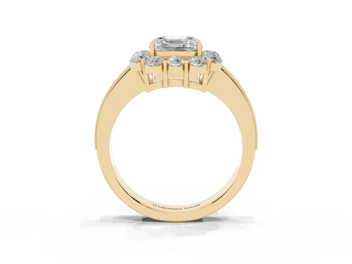 Asscher Cut Cut Halo Diamond Pavé Engagement Ring with Milgrain Detailing Yellow gold