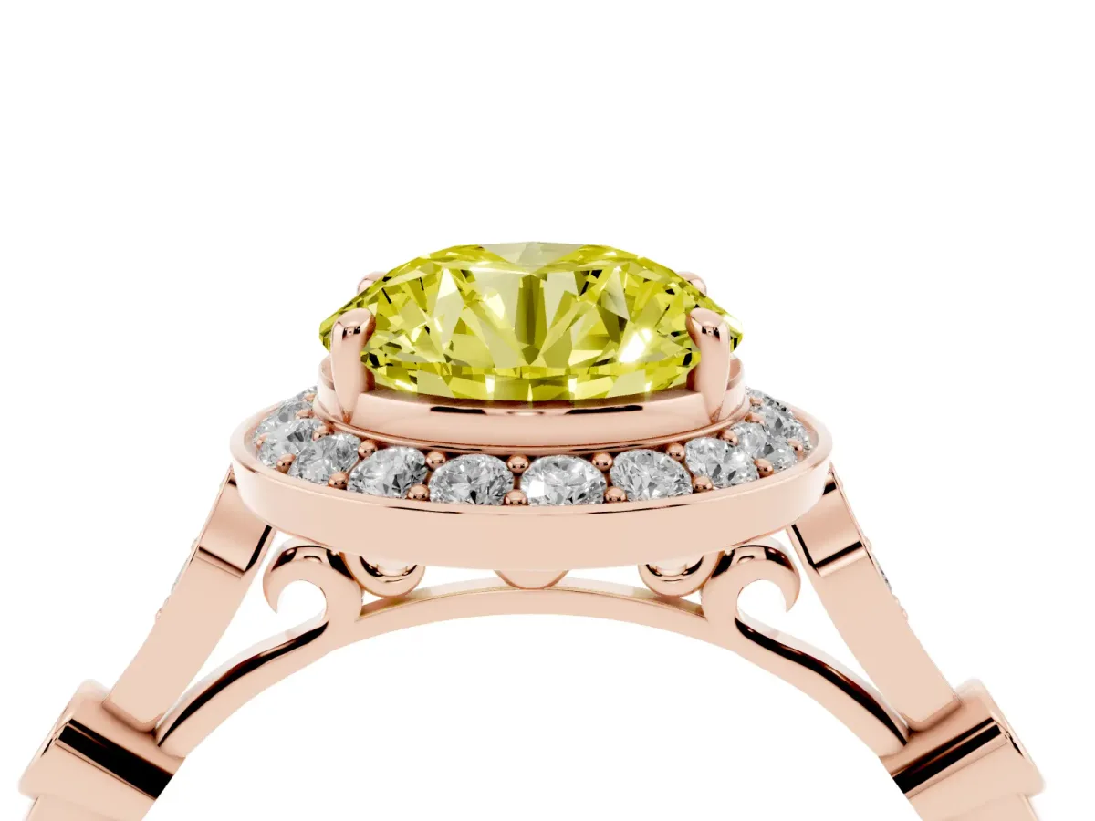 Fancy Yellow Round Cut Halo Diamond Engagement Ring with Twisted Band and Four-Prong Setting Rose gold