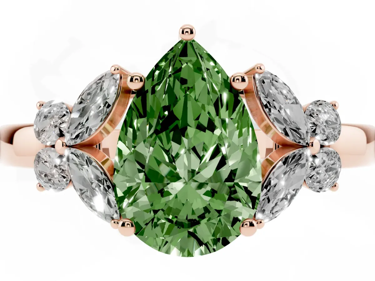 Fancy Green Pear Cut Cut Solitaire Floral Diamond Ring with Four-Prong Setting Rose gold