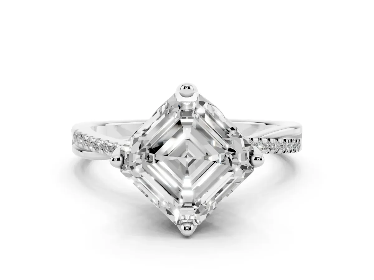Asscher Cut Solitaire Twist Band with Pavé Diamonds and Four-Prong Setting White gold