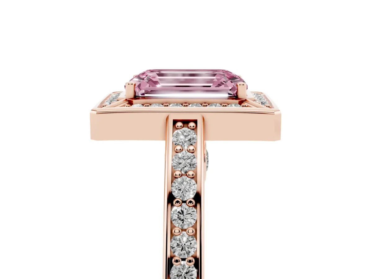 Fancy Pink Emerald Cut Cut Halo Pave Split Shank Prong Setting Ring Rose gold