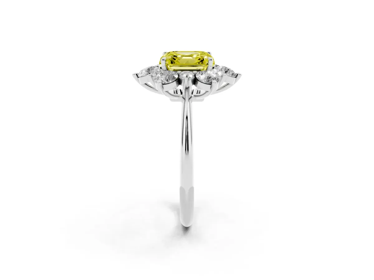 Fancy Yellow Asscher Cut Diamond Cluster Halo Ring with Solitaire Band and Four-Prong Setting White gold