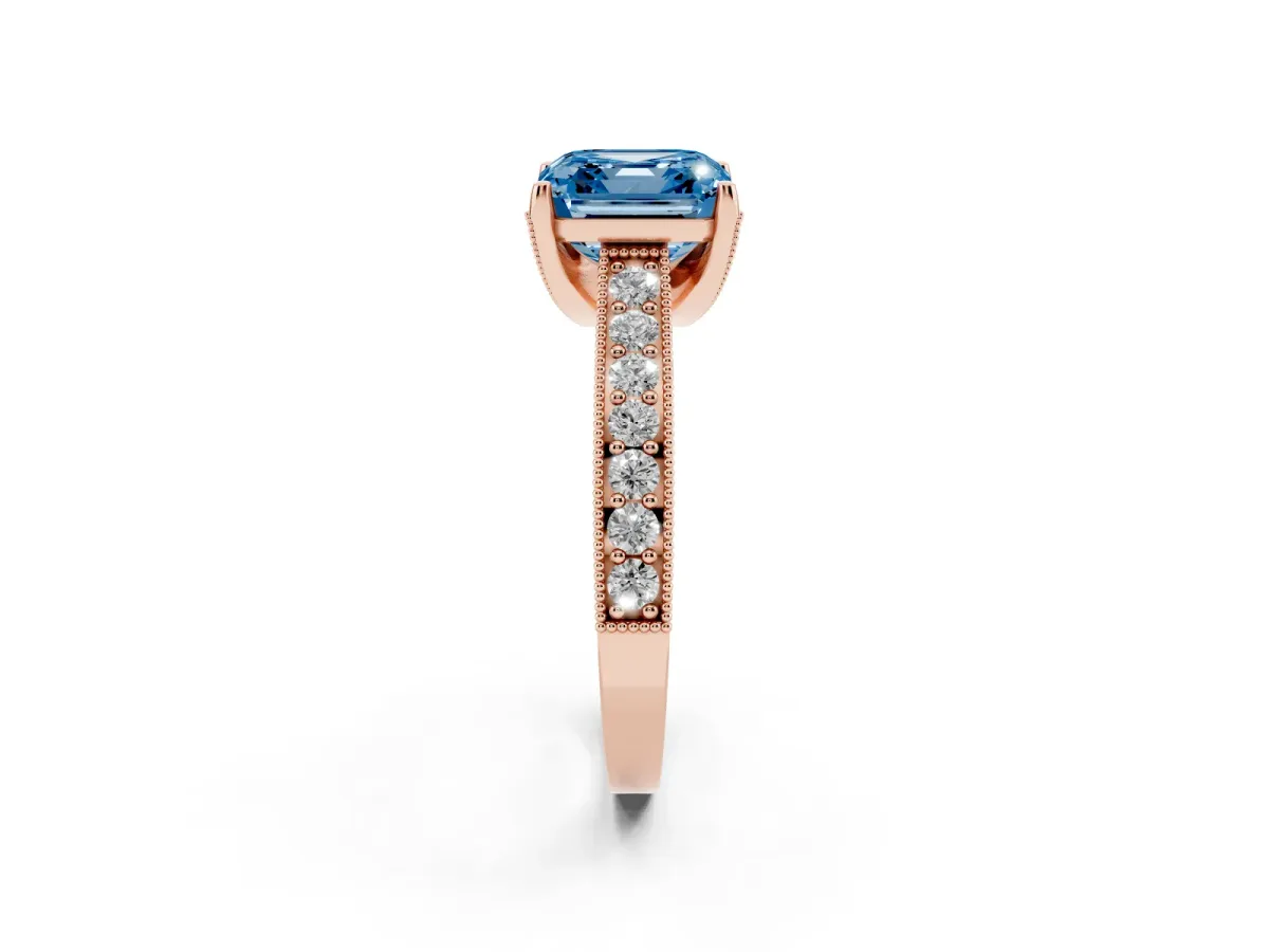 Fancy Blue Asscher Cut Cut Diamond Solitaire Ring with Milgrain Pave Band and Four Prong Setting Rose gold