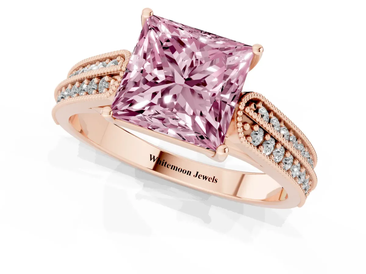 Fancy Pink Princess Cut Cut Pave Split Shank Engagement Ring with Four-Prong Setting Rose gold