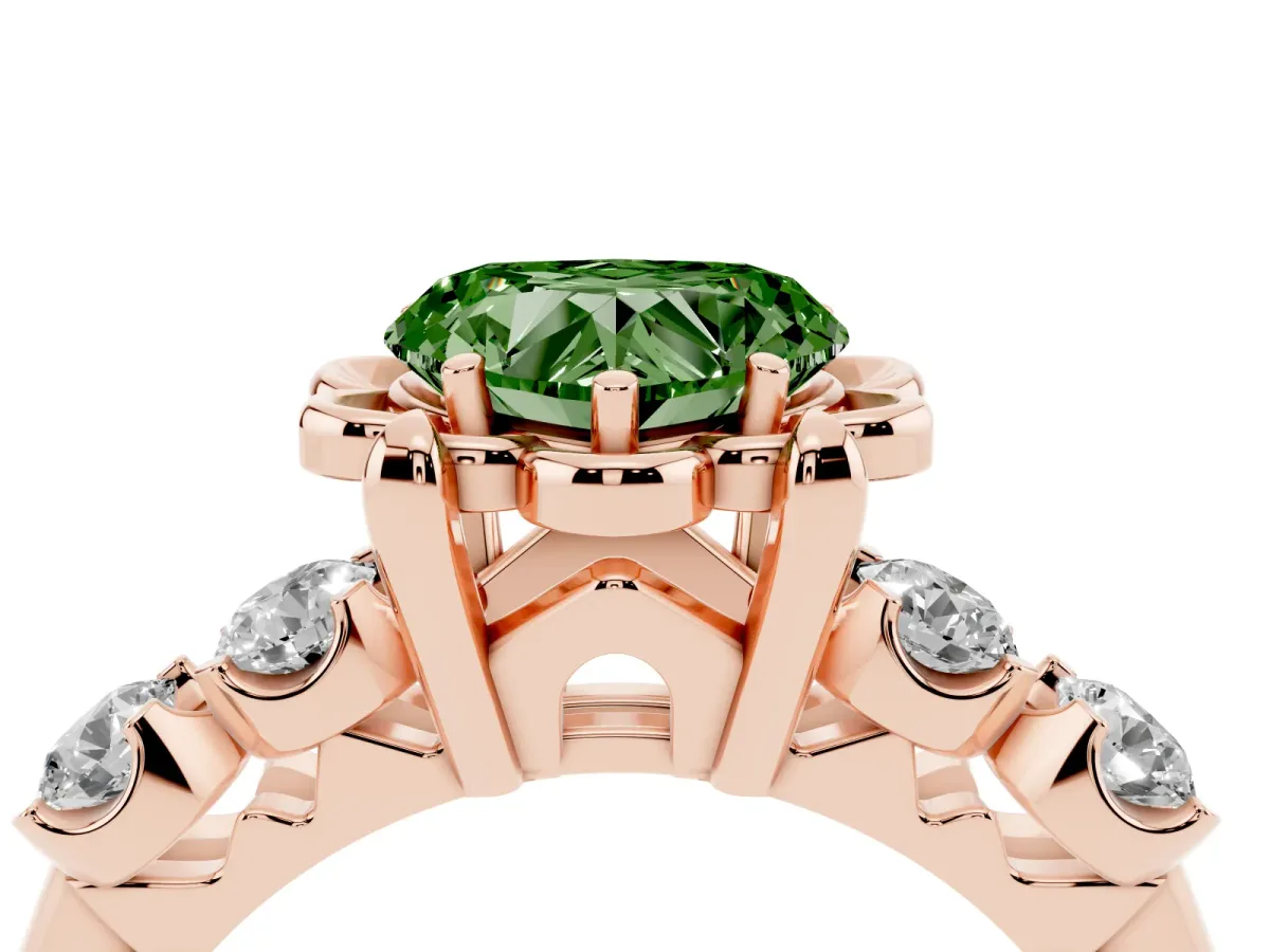Fancy Green Heart Cut Cut Diamond Floral Halo Engagement Ring with Shared Prong Setting Rose gold