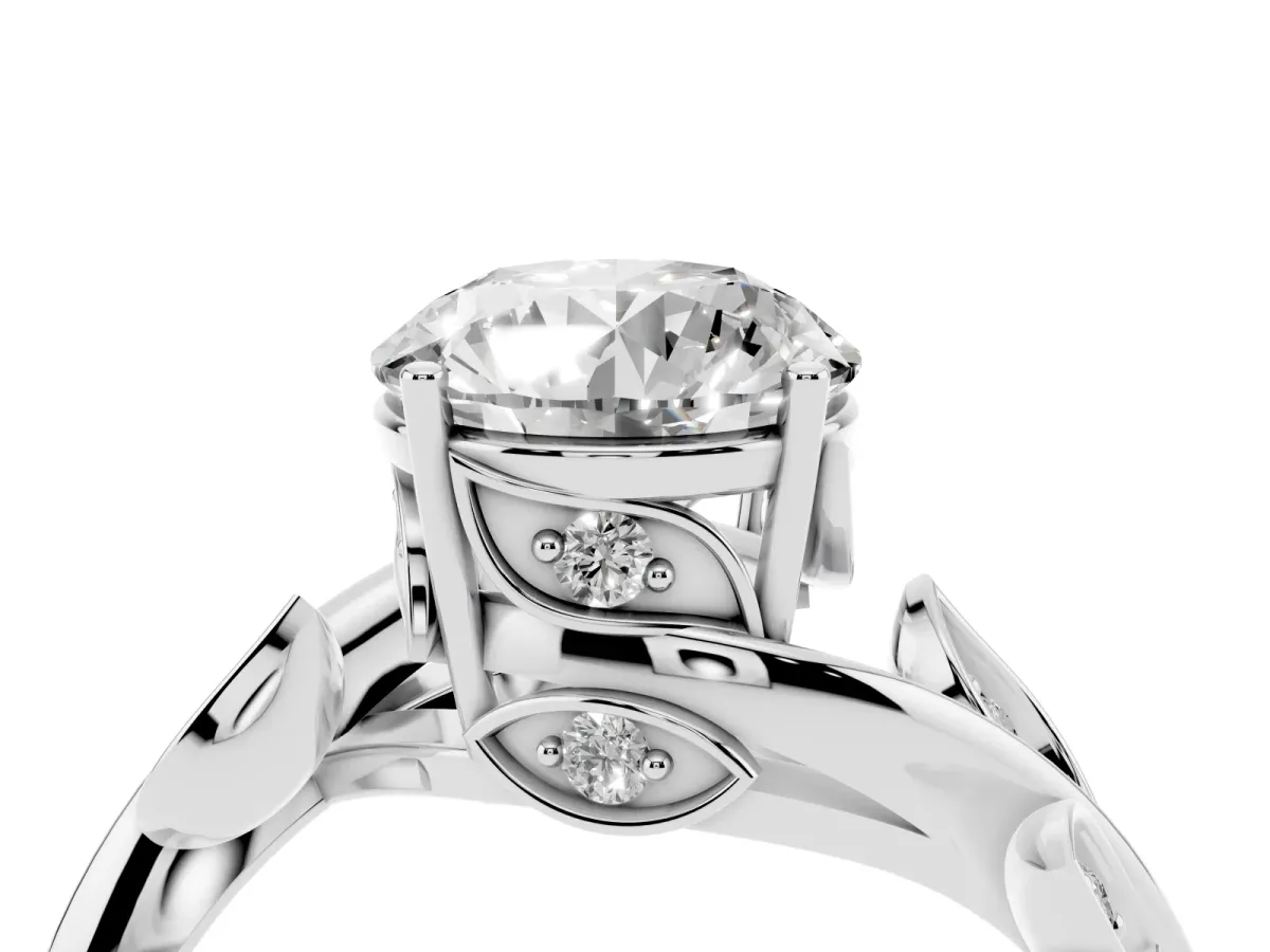 Round Cut Solitaire Twist Engagement Ring with Leaf Accents and Prong Setting Silver