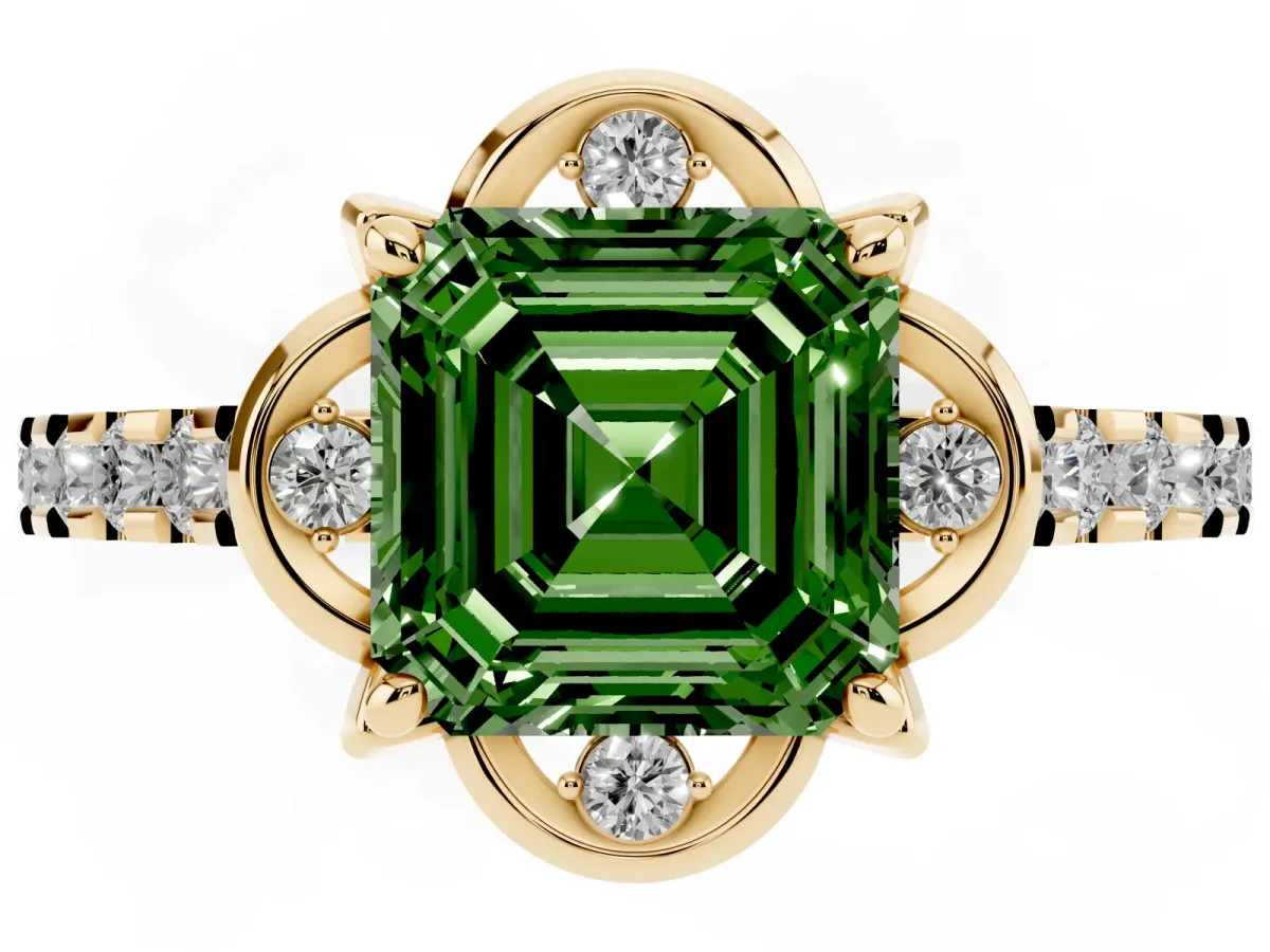 Fancy Green Asscher Cut Diamond Ring with Pavé Band and Floral Prong Setting Yellow gold