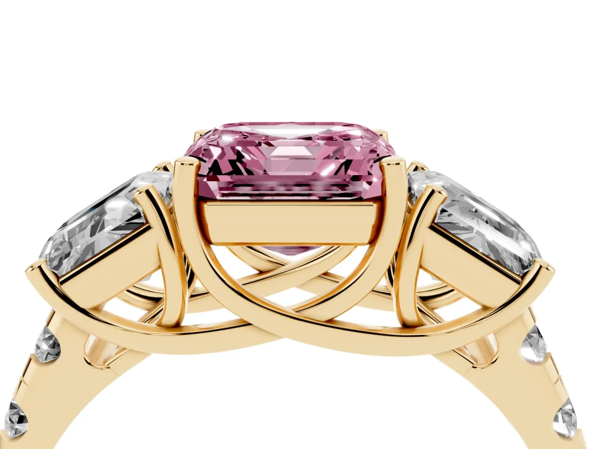 Fancy Pink Three-Stone Asscher Cut Diamond Pavé Band with Prong Setting Yellow gold