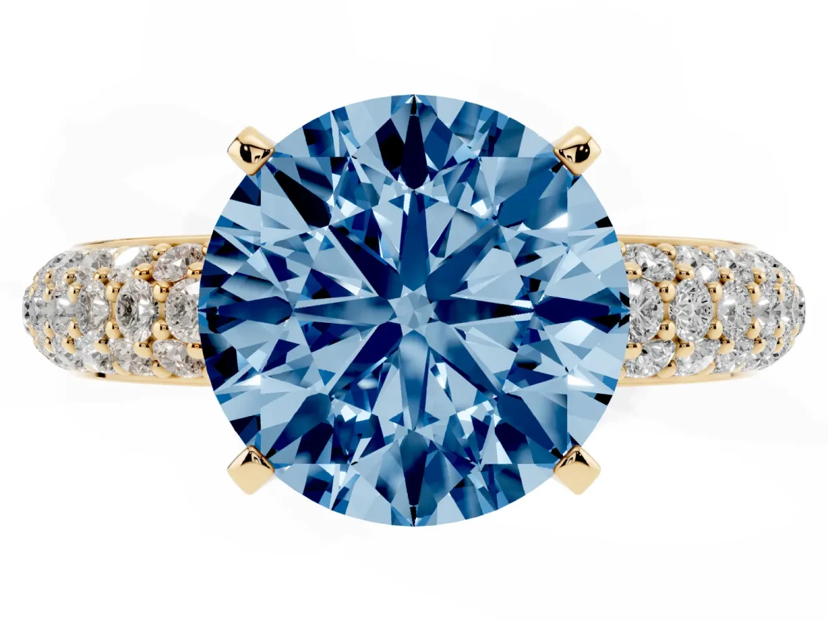 Fancy Blue Round Cut Diamond Solitaire Ring with Prong Setting and Pavé Band Yellow gold