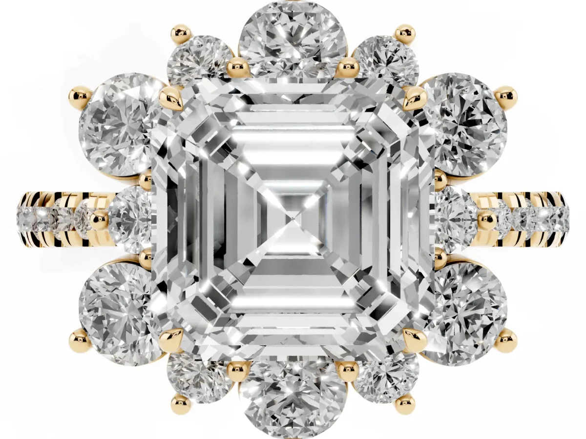 Asscher Cut Diamond Floral Halo Ring with Round Pavé Band and Prong Setting Yellow gold