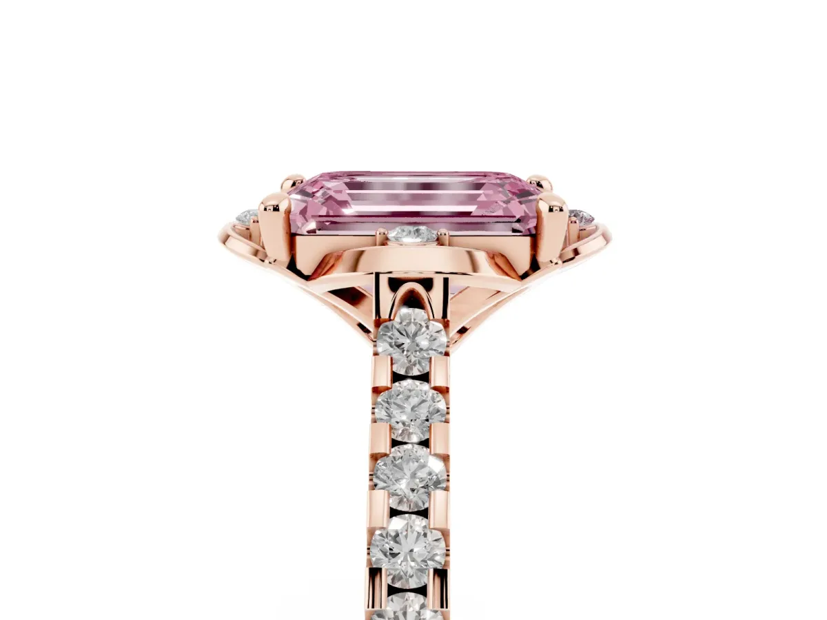 Fancy Pink Emerald Cut Diamond Ring with Pavé Band and Floral Prong Setting Rose gold