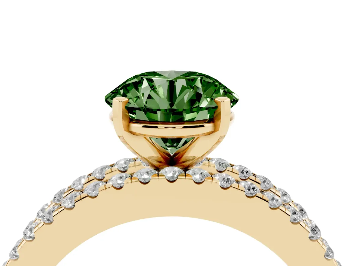Fancy Green Round Cut Diamond Solitaire Ring with Pavé and Channel Set Band Yellow gold