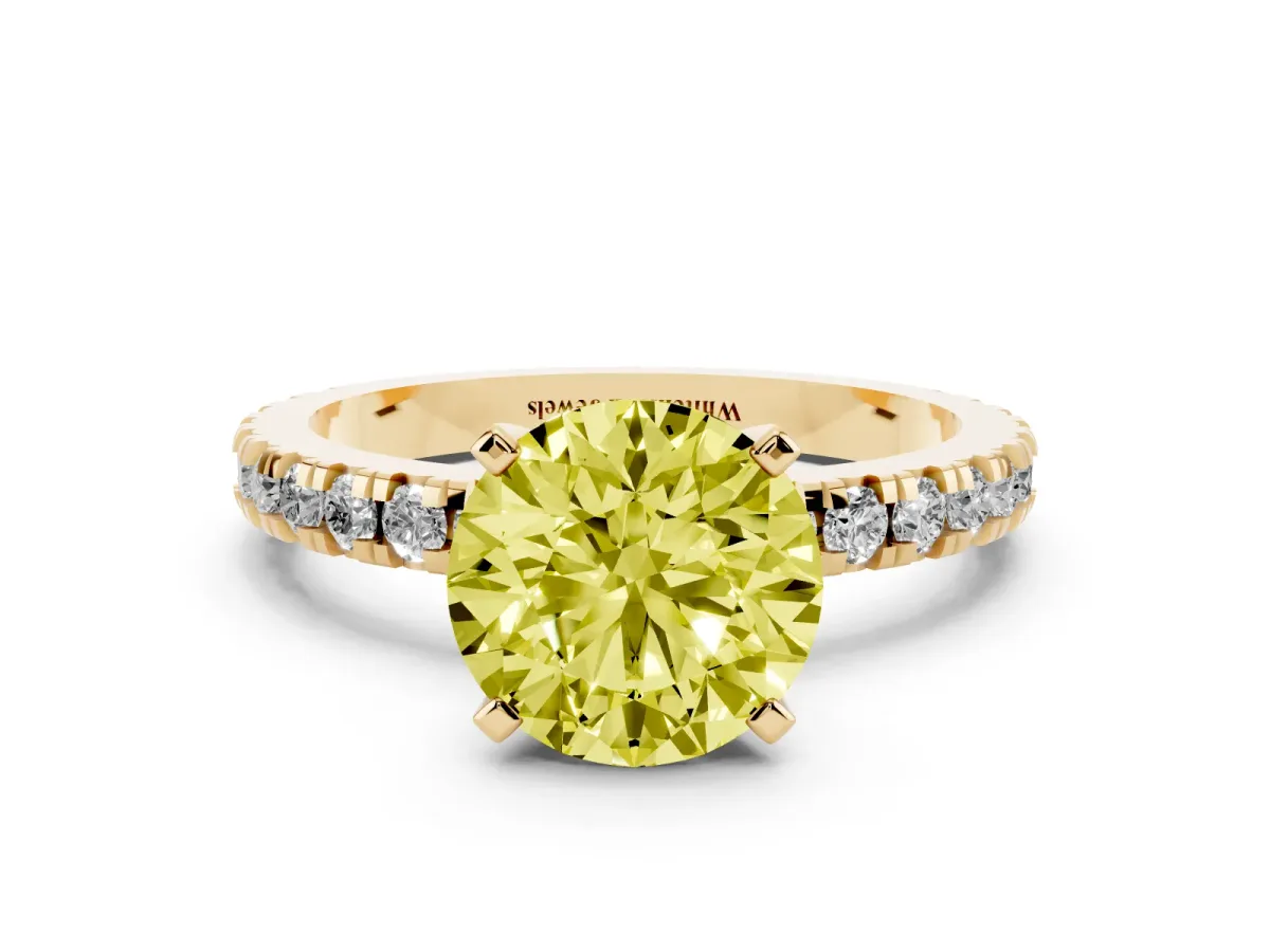 Fancy Yellow Round Cut Diamond Pavé Band Solitaire with Four-Prong Setting Yellow gold