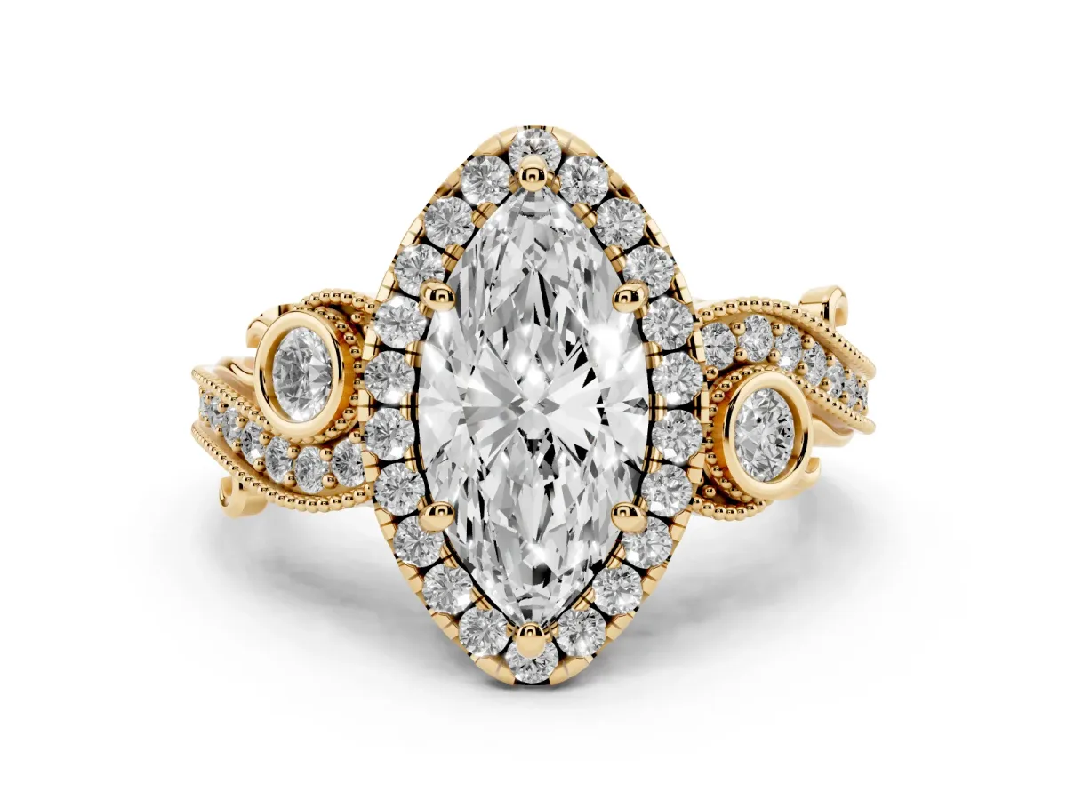 Marquise Cut Diamond Halo Ring with Milgrain Pavé Band and Four-Prong Setting Yellow gold