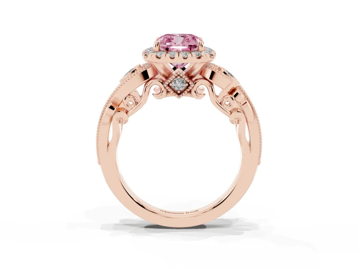 Fancy Pink Cushion Cut Halo Diamond Ring with Milgrain and Bezel Accents on a Split Shank Band Rose gold