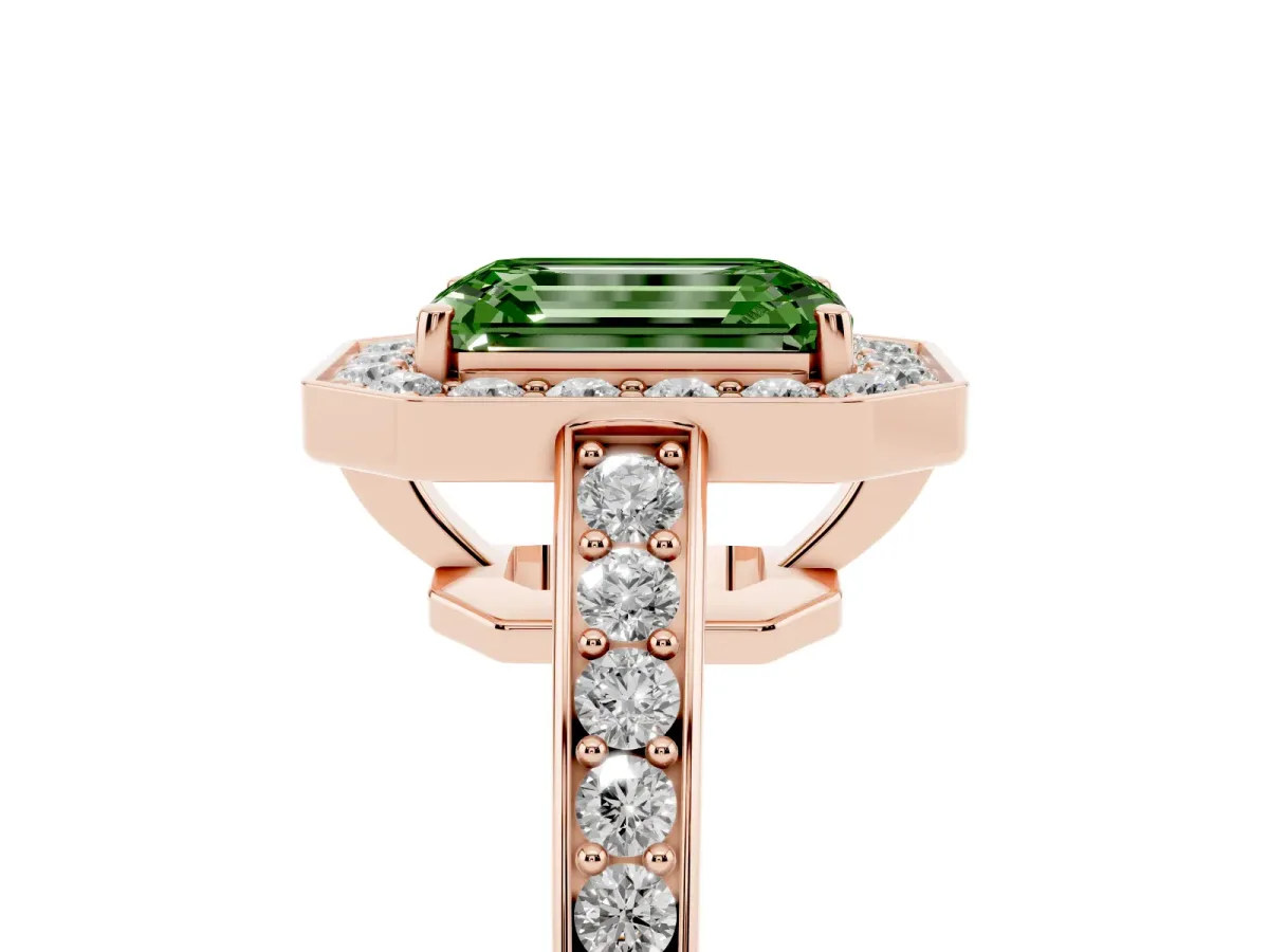 Fancy Green Emerald Cut Halo Pavé Diamond Engagement Ring with Bezel Setting Rose gold