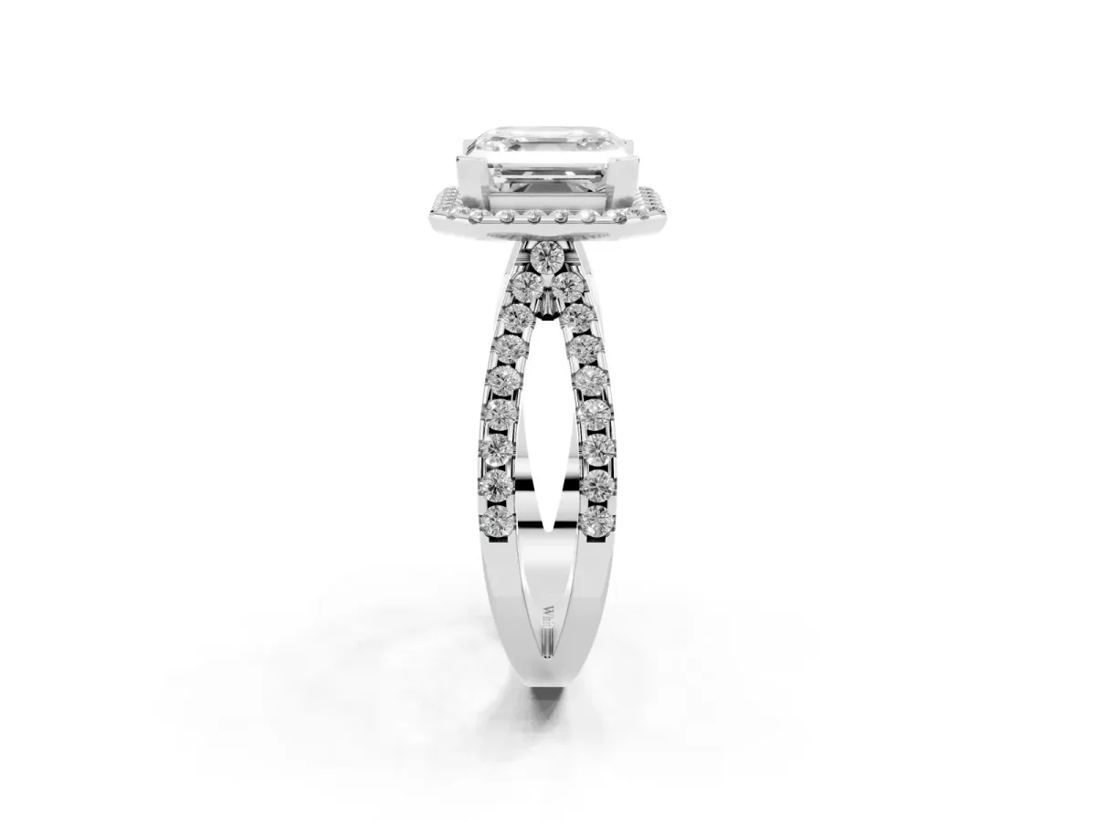 Asscher Cut Diamond Halo Ring with Split Shank Pavé Band and Prong Setting Silver