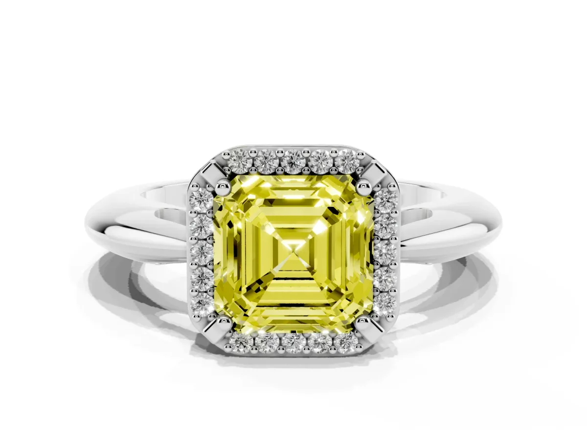 Fancy Yellow Asscher Cut Cut Diamond Halo Engagement Ring with Split Shank and Four-Prong Setting Silver
