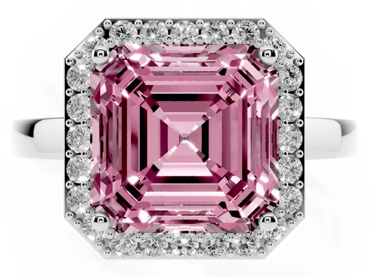 Fancy Pink Asscher Cut Halo Diamond Ring with Solitaire Band and Prong Setting White gold