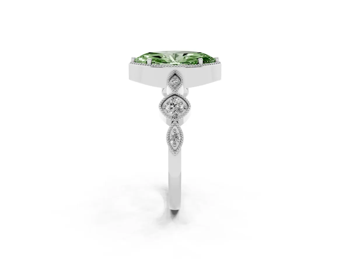 Fancy Green Marquise Cut Diamond Vintage Milgrain Ring with Round Stations Silver