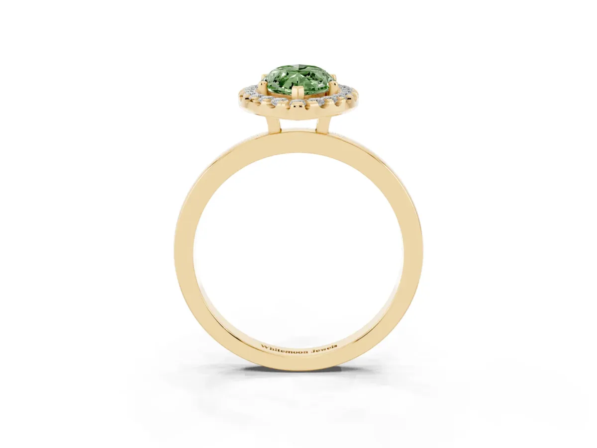Fancy Green Marquise Cut Halo Diamond Solitaire with Pavé Band and Four-Prong Setting Yellow gold