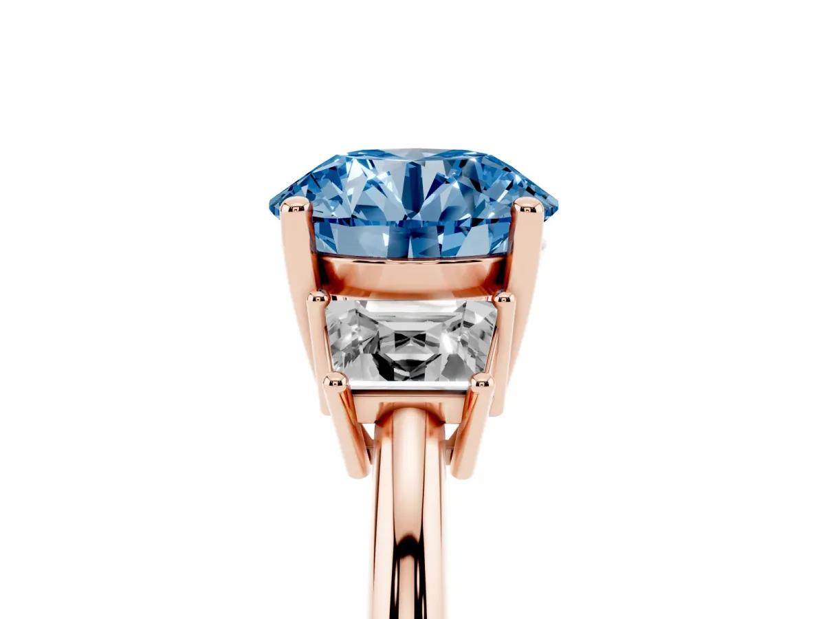 Fancy Blue Round Cut Diamond Three-Stone Ring with Trapezoid Side Stones and Prong Setting Rose gold