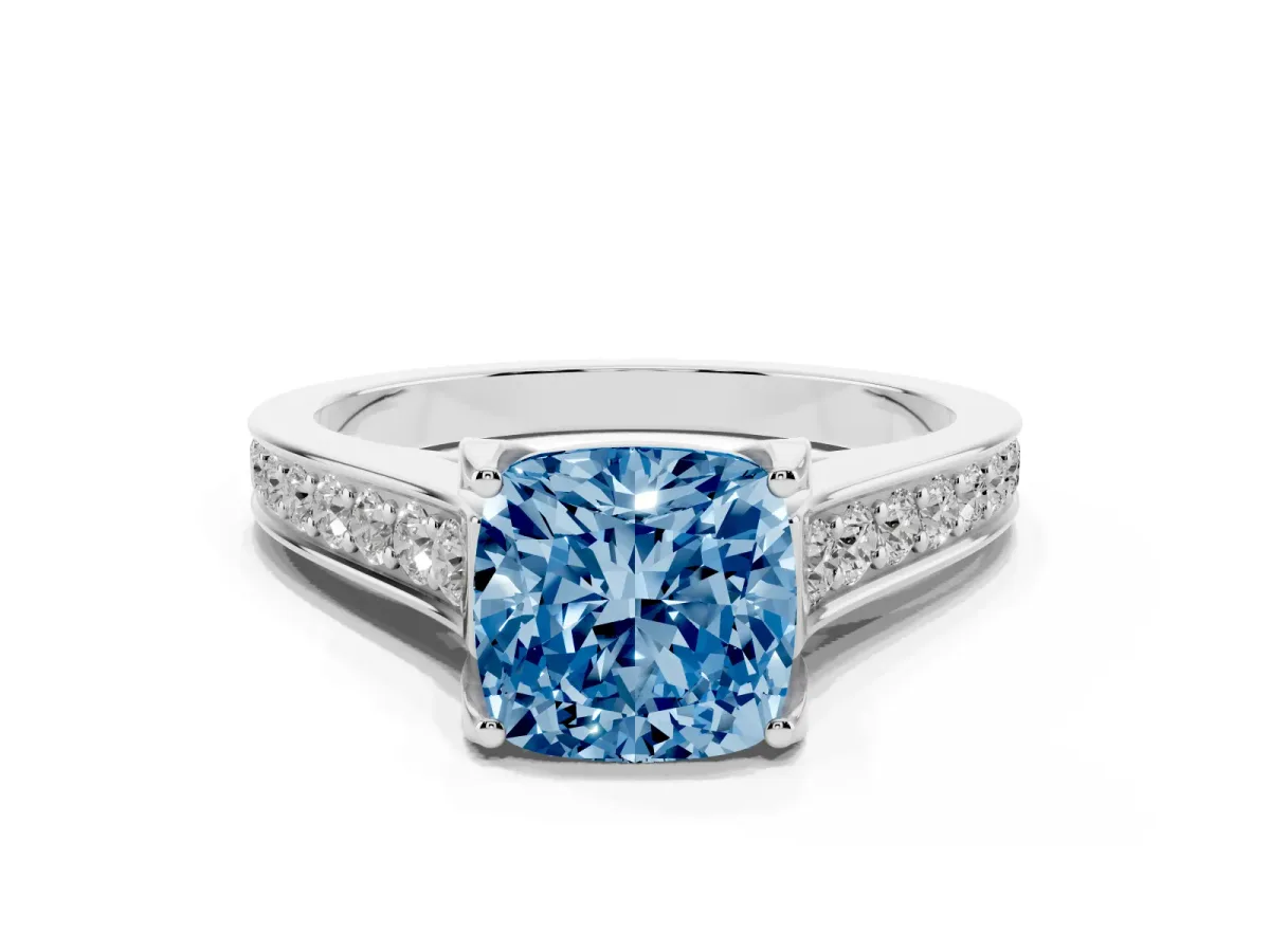 Fancy Blue Cushion Cut Brilliant Cut Diamond Engagement Ring with Pavé Band and Four-Prong Setting White gold