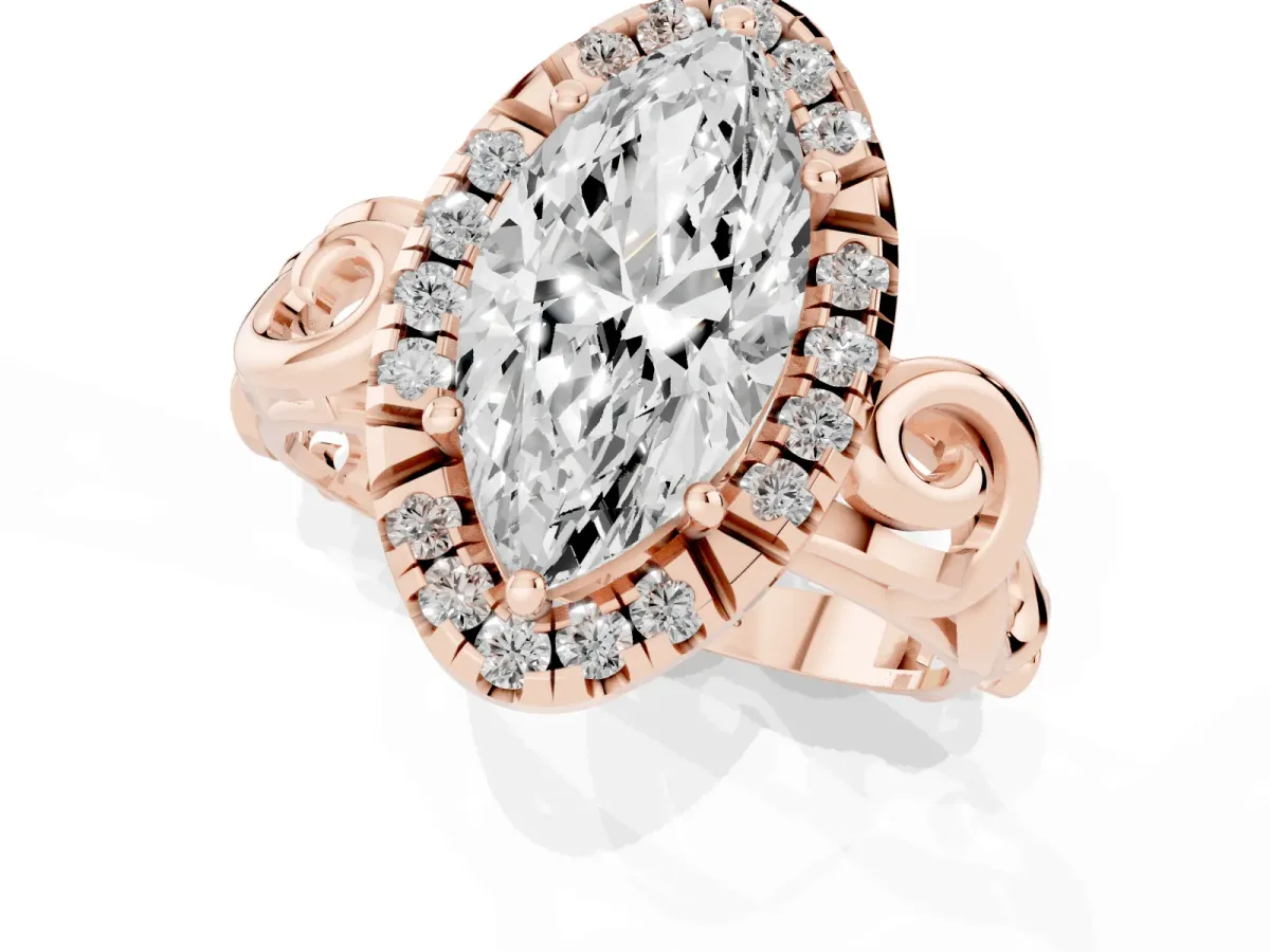 Marquise Cut Cut Halo Diamond Ring with Scrollwork Band and Four-Prong Setting Rose gold