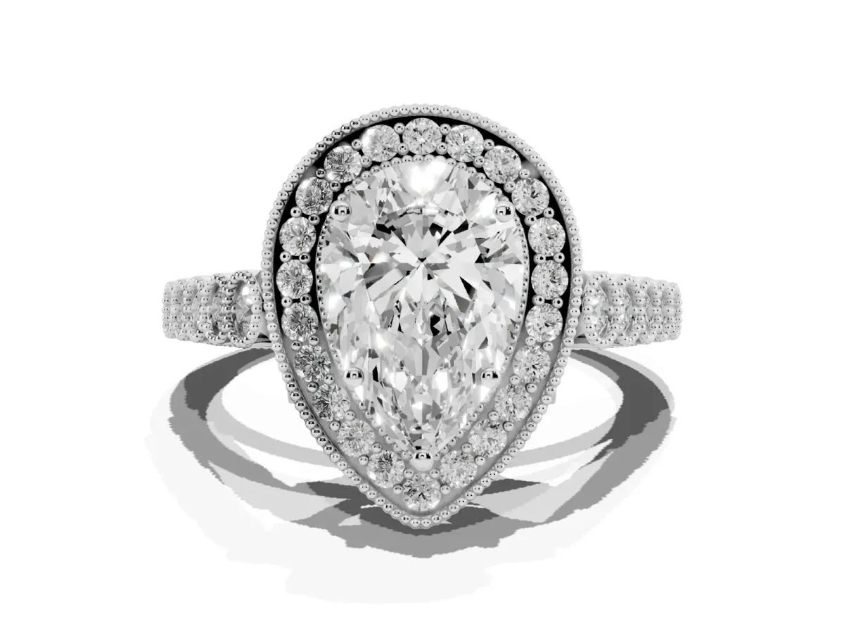 Pear Cut Halo Milgrain Solitaire with Bezel Set Side Stones and Pave Band White gold