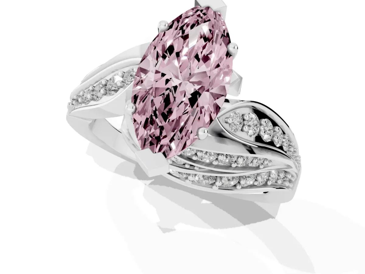 Fancy Pink Marquise Cut Diamond Solitaire Ring with Prong Setting and Twisted Pavé Band Silver