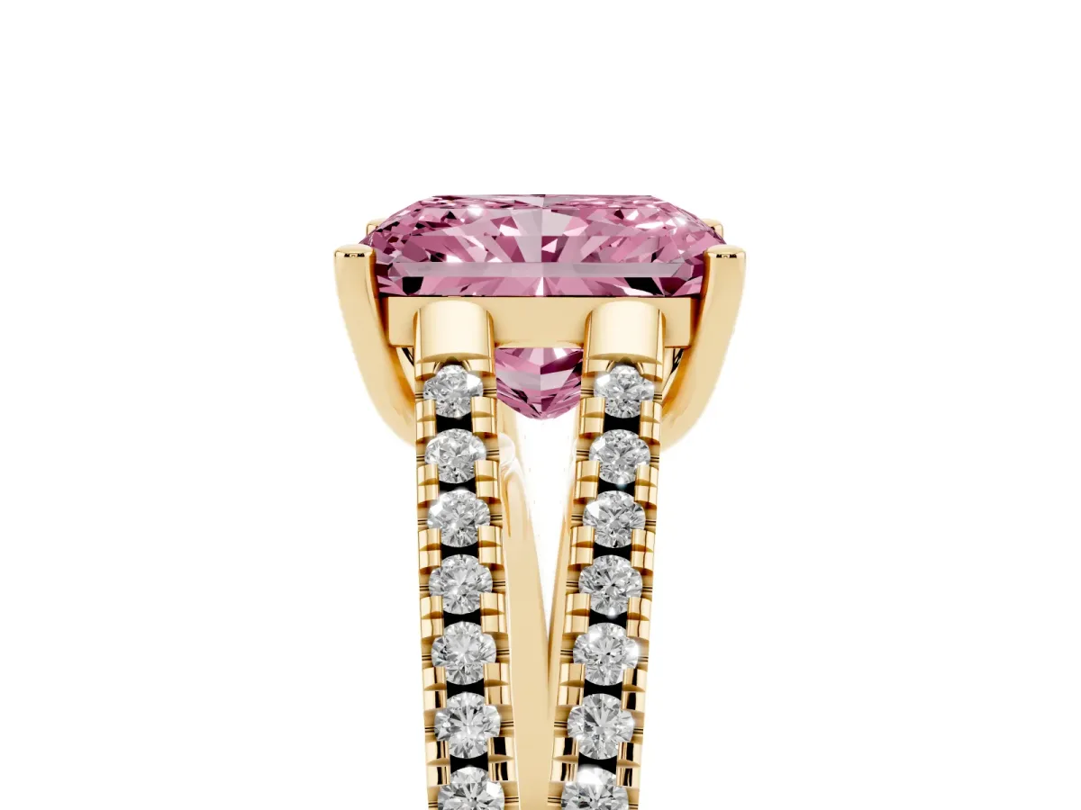Fancy Pink Radiant Cut Diamond Solitaire Engagement Ring with Split Shank Pavé Band Yellow gold