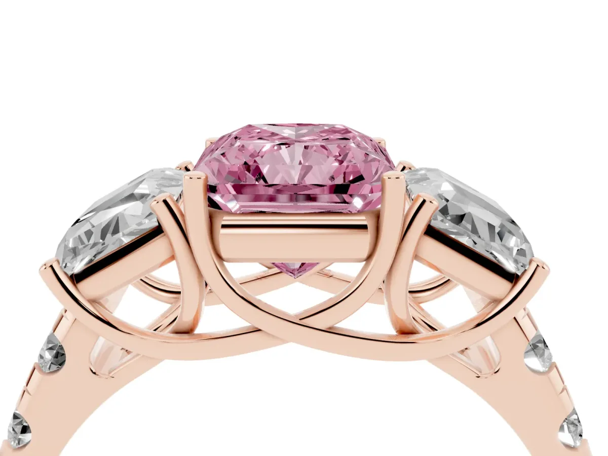 Fancy Pink Three-Stone Radiant Cut Diamond Pavé Band with Prong Setting Rose gold