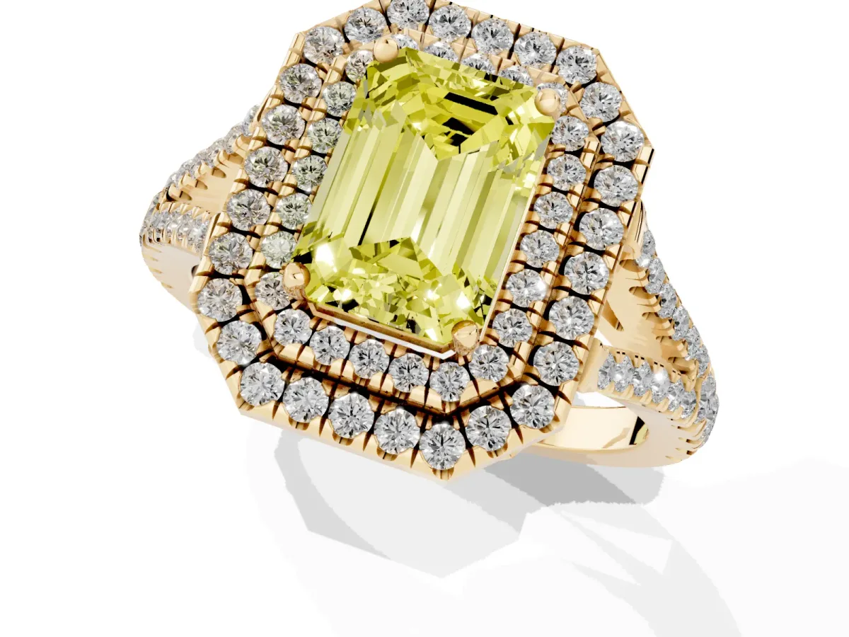 Fancy Yellow Emerald Cut Diamond Double Halo Ring with Pavé Band and Prong Setting Yellow gold