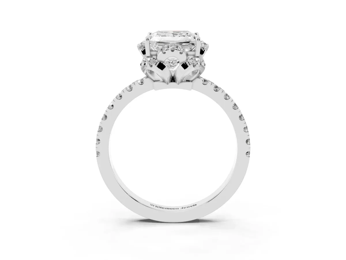 Princess Cut Halo Diamond Pave Band Ring with Four-Prong Setting Silver