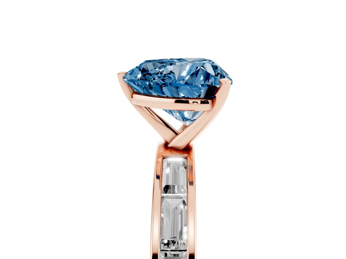 Fancy Blue Heart Cut Solitaire Diamond Ring with Channel-Set Baguette Band and Four-Prong Setting Rose gold