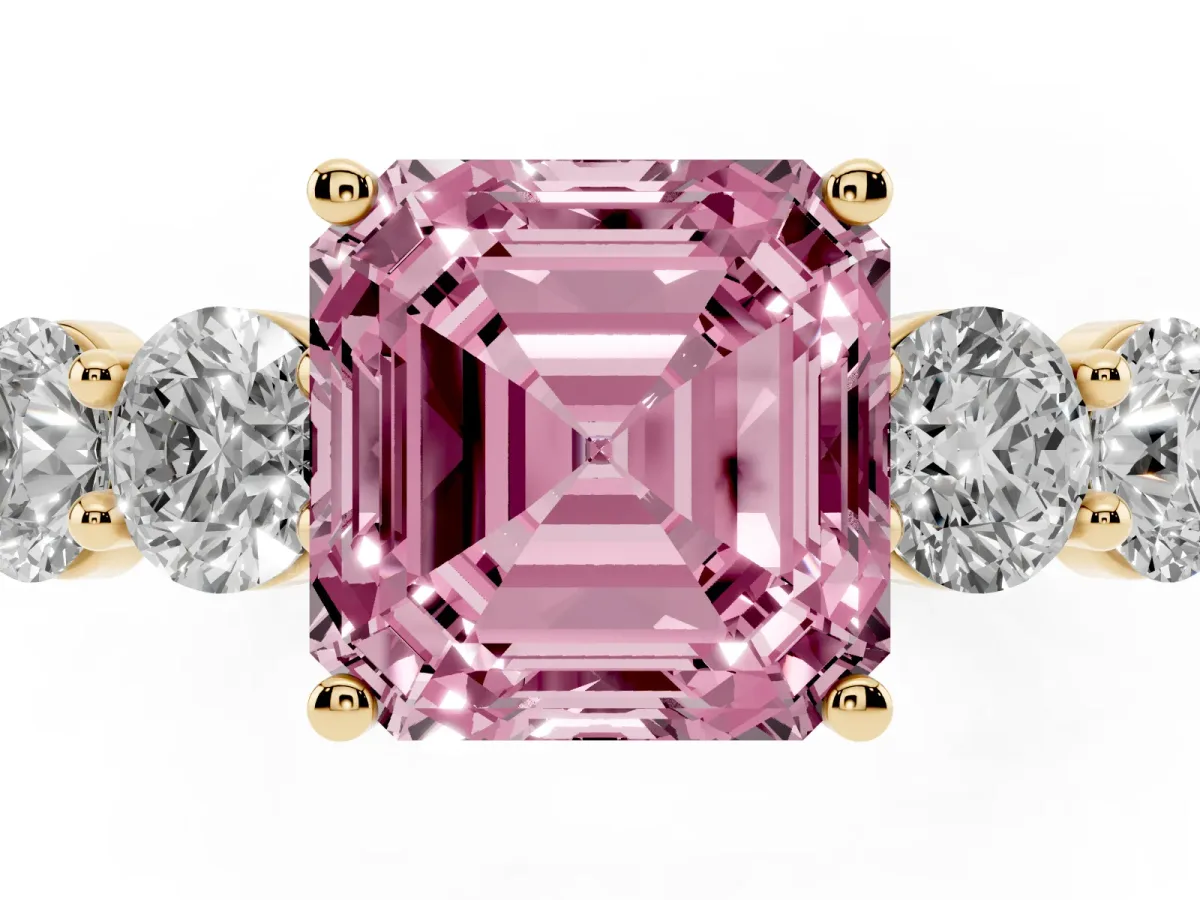 Fancy Pink Asscher Cut Cut Five-Stone Prong Set Diamond Ring with Classic Band Yellow gold