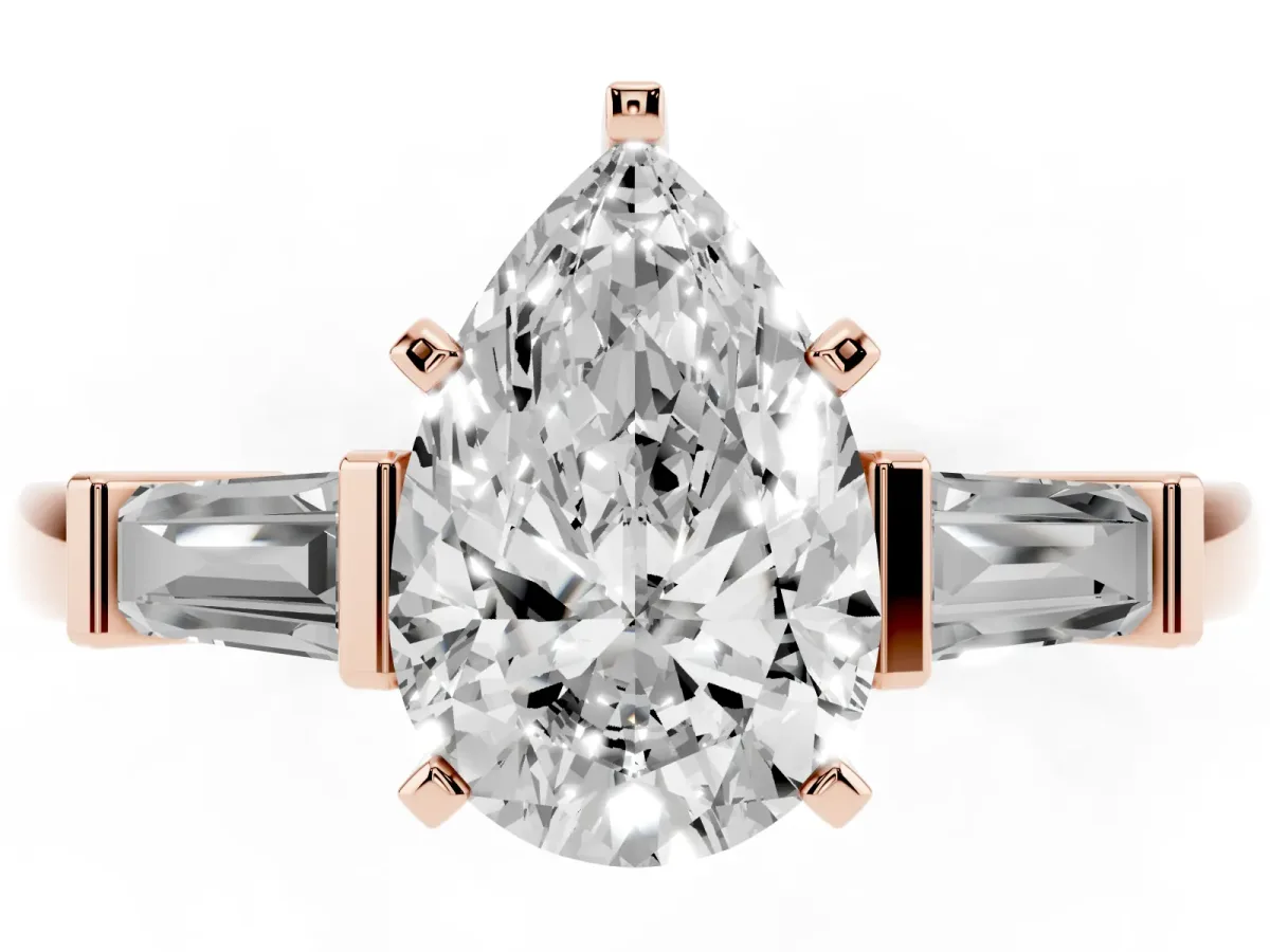 Pear Cut Cut Diamond Solitaire Ring with Tapered Baguette Accents and Four-Prong Setting Rose gold