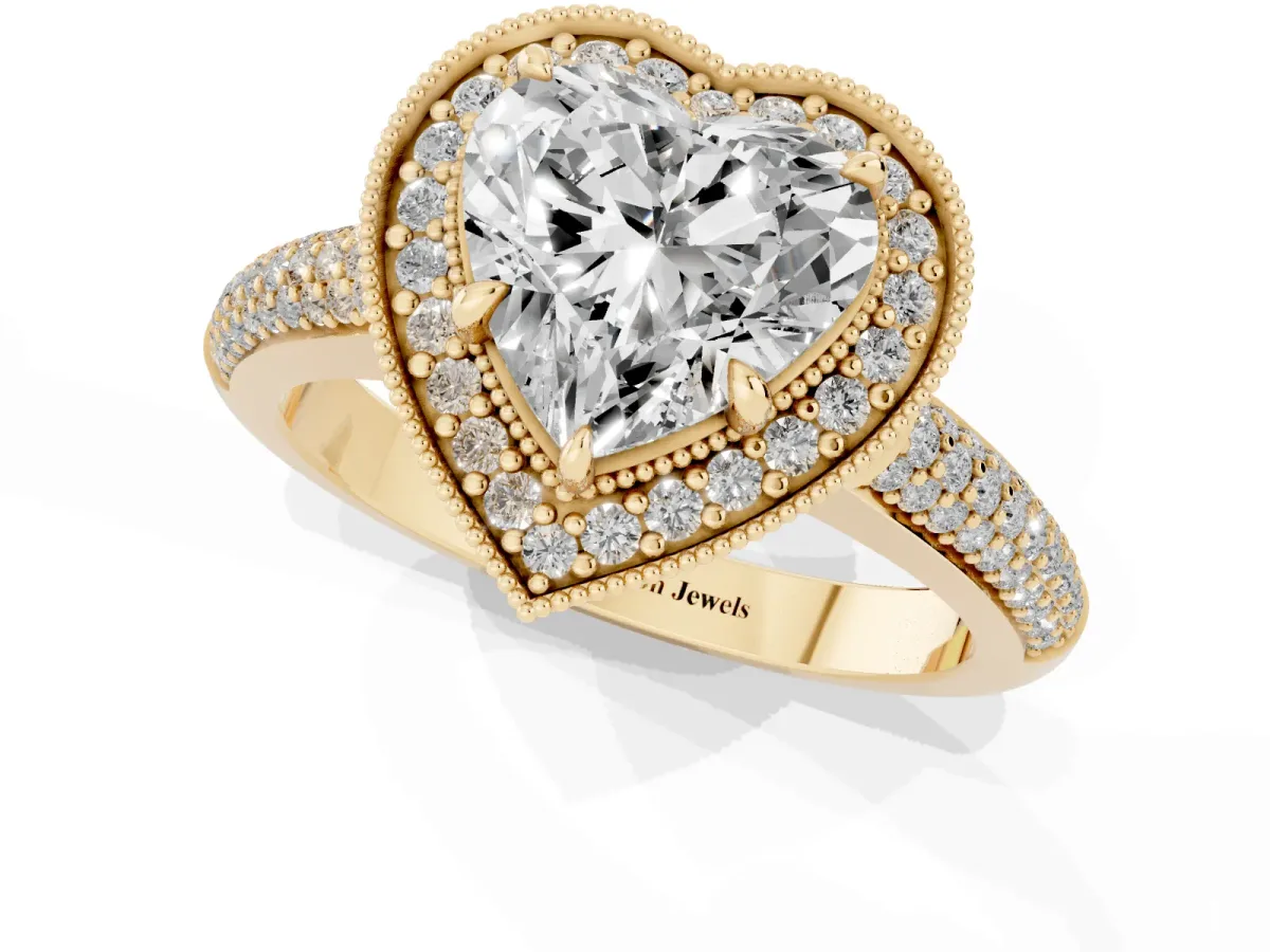 Heart Cut Cut Halo Diamond Pave Band with Four-Prong Setting Yellow gold