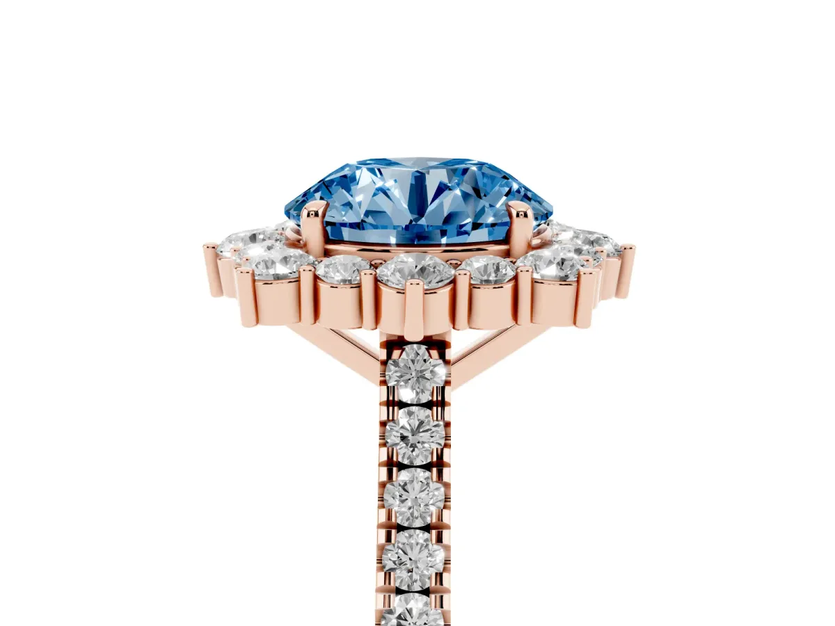 Fancy Blue Round Cut Halo Diamond Ring with Pavé Band and Prong Setting Rose gold