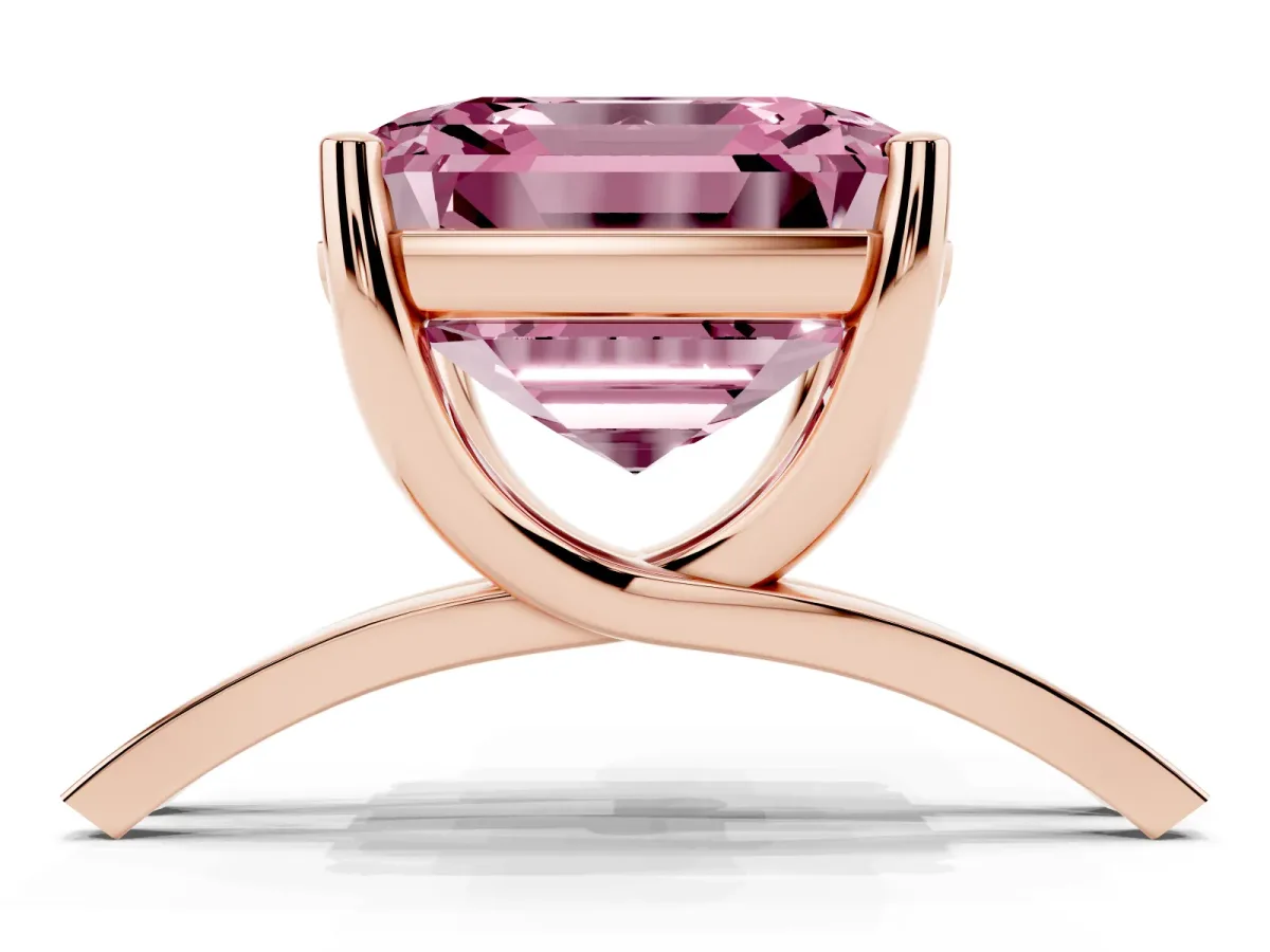 Fancy Pink Asscher Cut Cut Diamond Solitaire Engagement Ring with Tapered Plain Band and Four-Prong Setting Rose gold