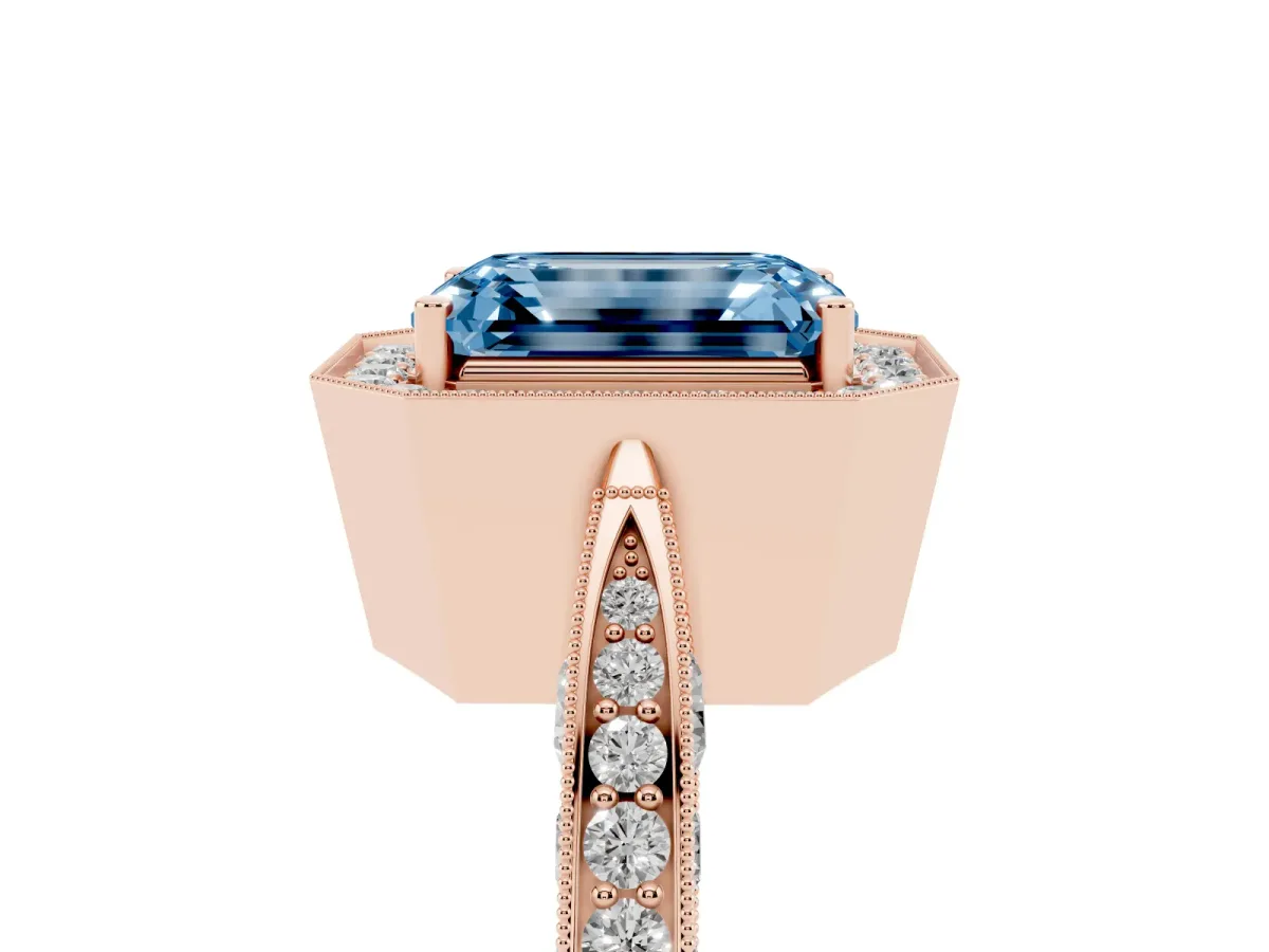 Fancy Blue Emerald Cut Halo Diamond Engagement Ring with Split Shank Band and Four-Prong Setting Rose gold