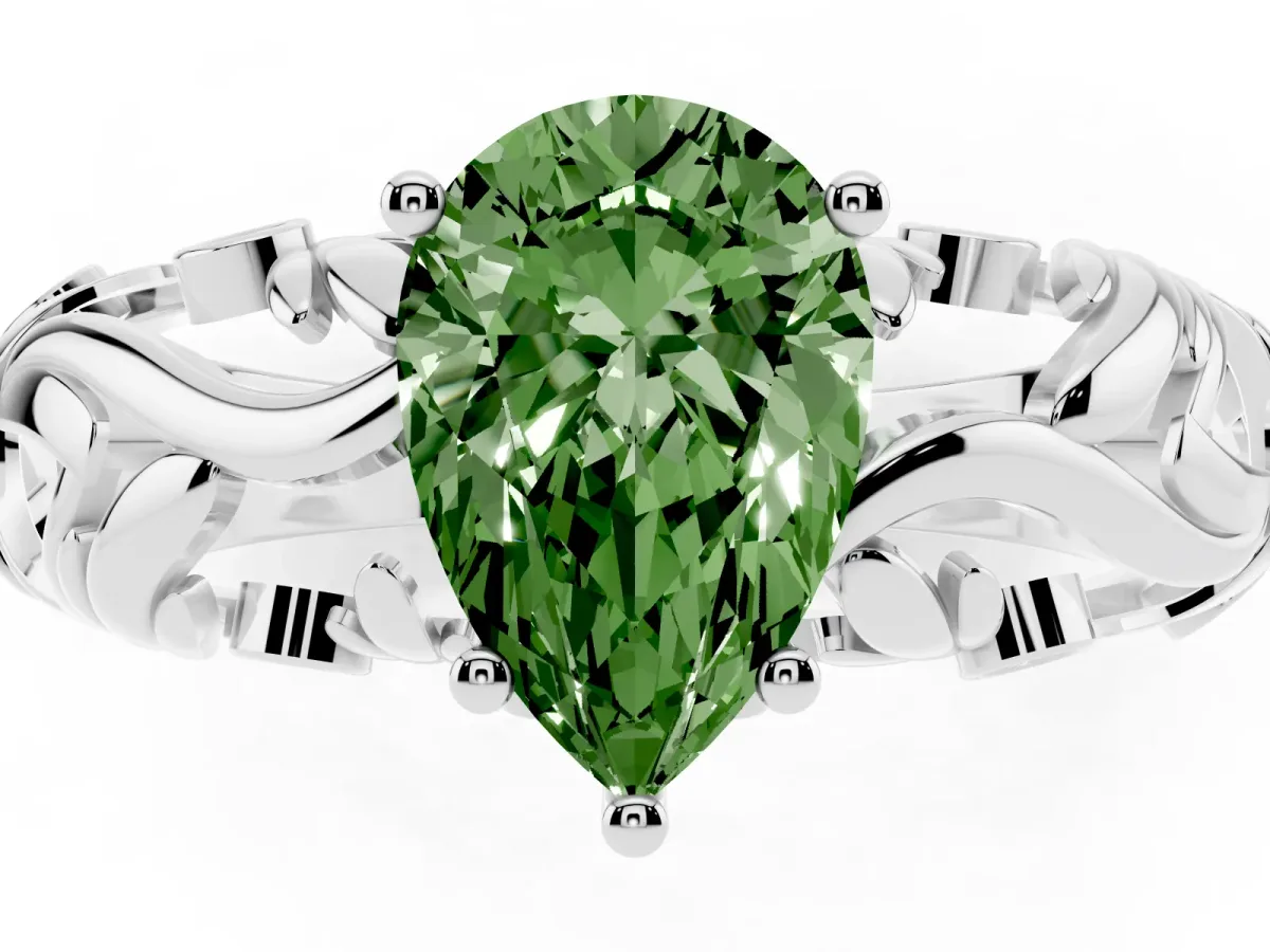Fancy Green Pear Cut Solitaire Diamond Leaf-Inspired Vine Band Ring with Prong Setting Silver
