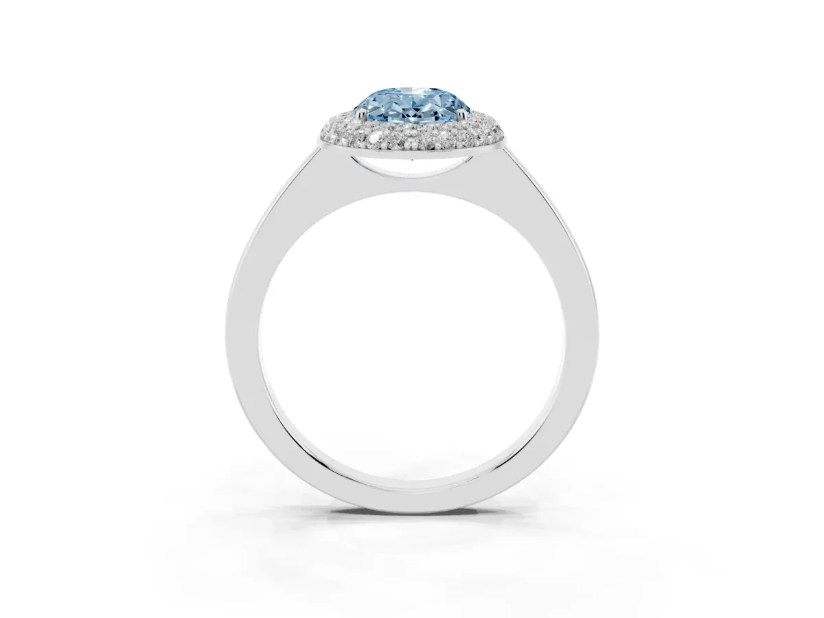 Fancy Blue Oval Cut Halo Diamond Engagement Ring with Solitaire Band and Four-Prong Setting Silver
