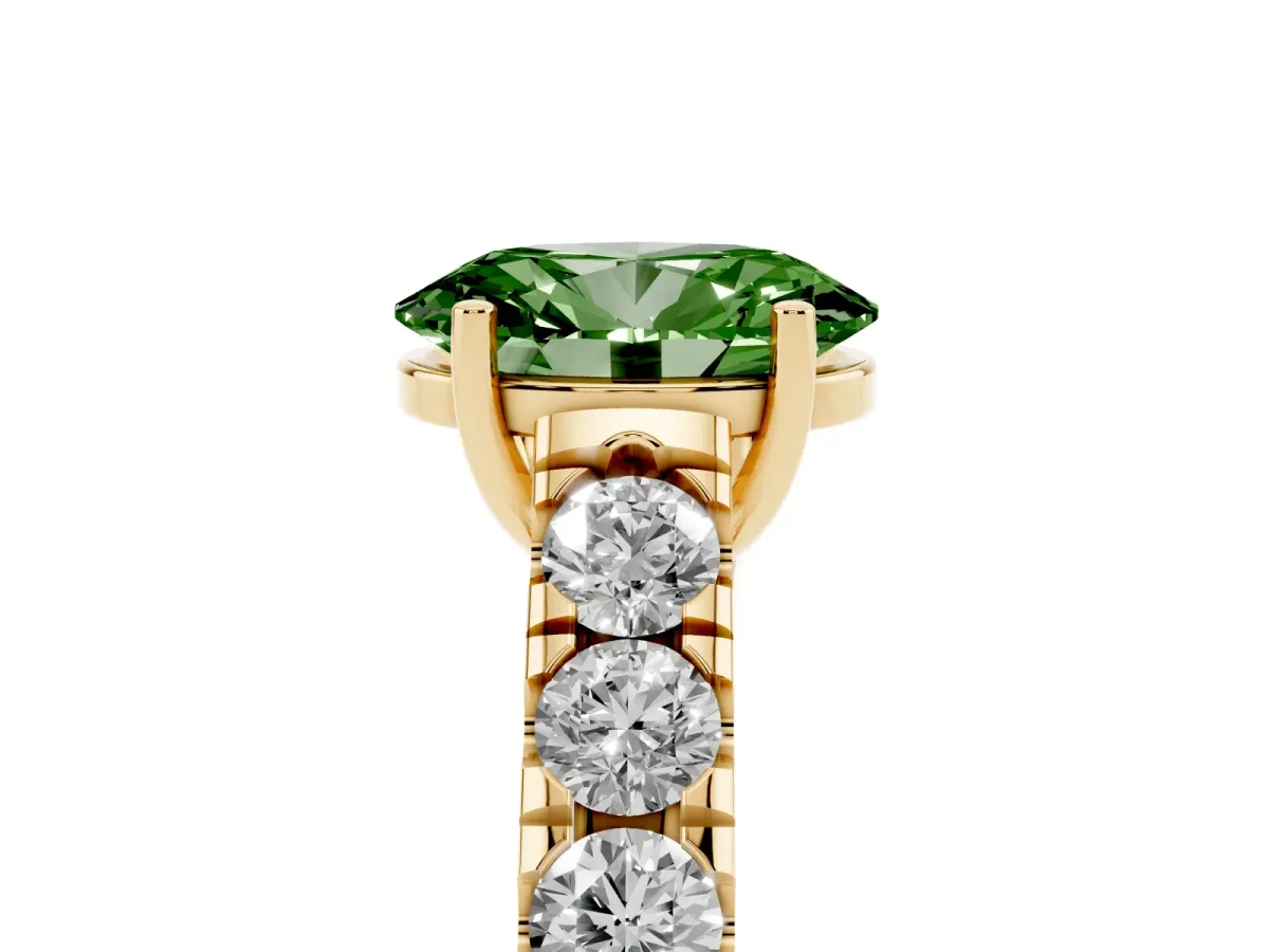 Fancy Green Oval Cut Cut Diamond Solitaire Ring with Micro Pave Band and Prong Setting Yellow gold