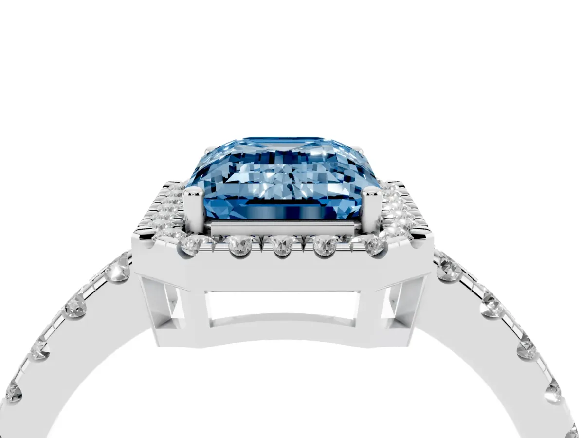 Fancy Blue Emerald Cut Diamond Halo Ring with Pavé Band and Four-Prong Setting White gold