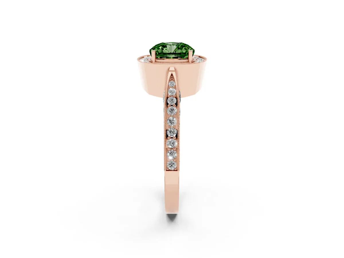 Fancy Green Cushion Cut Halo Diamond Engagement Ring with Split Shank Band and Four-Prong Setting Rose gold