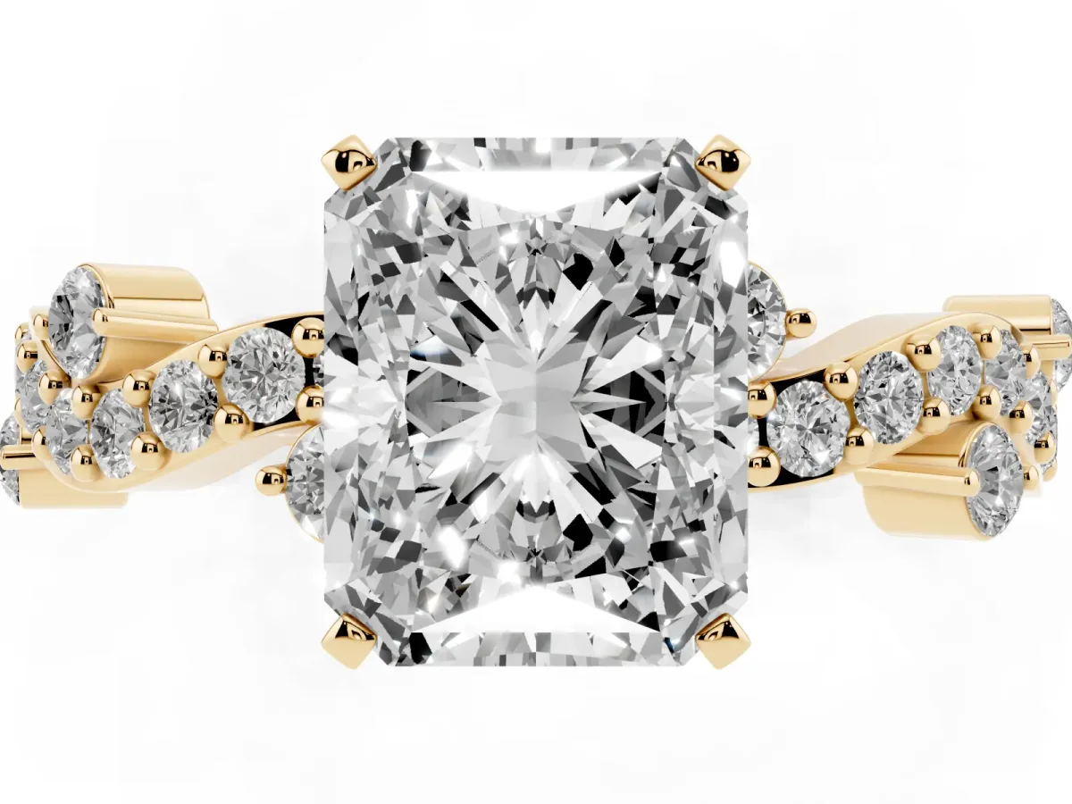 Radiant Cut Cut Solitaire Diamond Twisted Band with Pave Setting Yellow gold