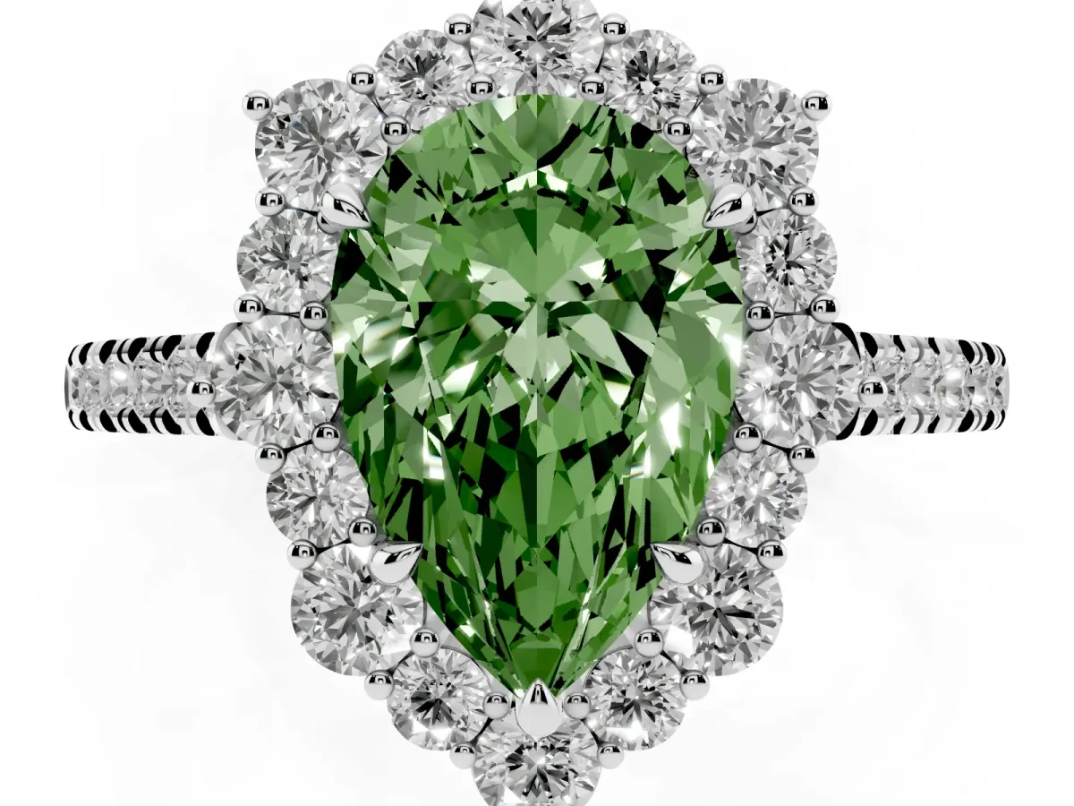 Fancy Green Pear Cut Halo Diamond Ring with Pavé Band and Prong Setting Silver